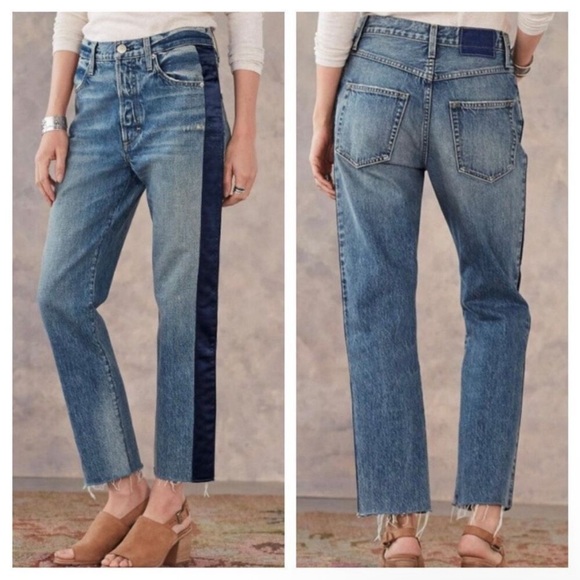 AMO Blue Straight Leg Jeans with Navy Side Stripe Raw Hem 26” - Picture 2 of 10